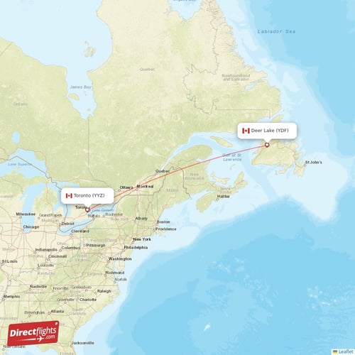 Toronto - Deer Lake direct flight map