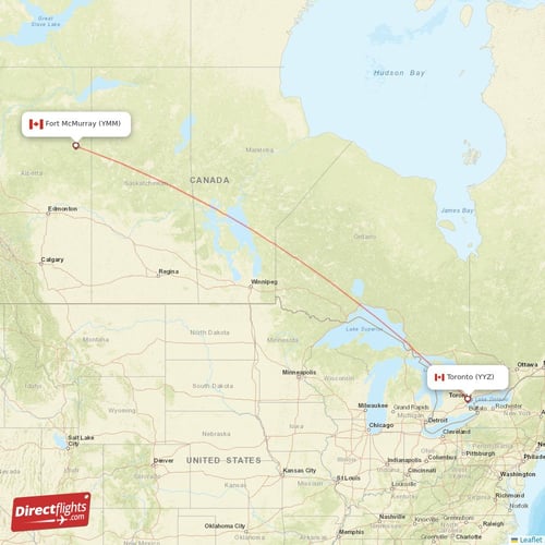 Toronto - Fort McMurray direct flight map