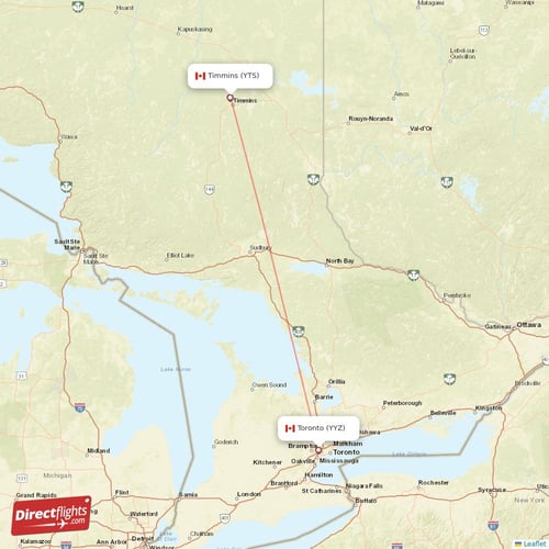 Toronto - Timmins direct flight map