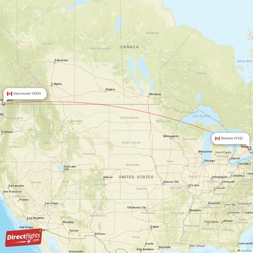 Toronto - Vancouver direct flight map
