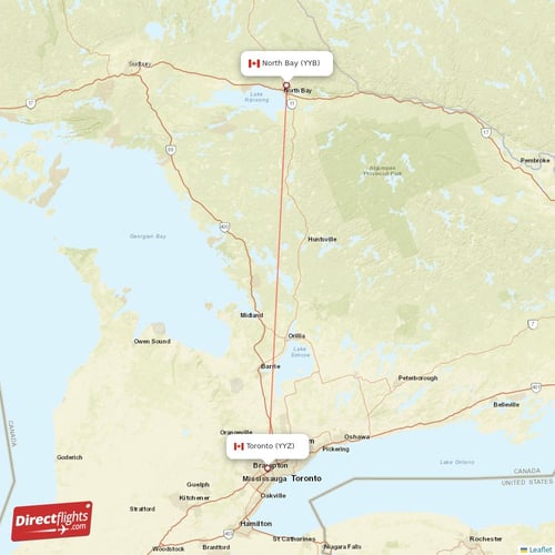 Toronto - North Bay direct flight map