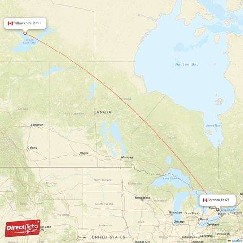 Toronto - Yellowknife direct flight map