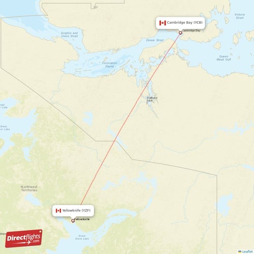 Yellowknife - Cambridge Bay direct flight map
