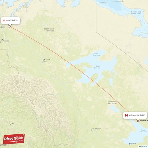 Yellowknife - Inuvik direct flight map