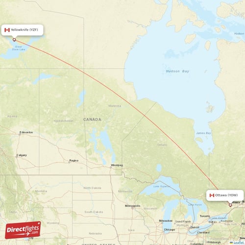 Yellowknife - Ottawa direct flight map
