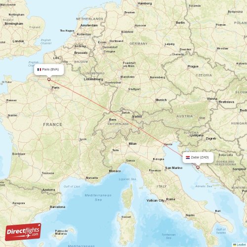 Zadar - Paris direct flight map
