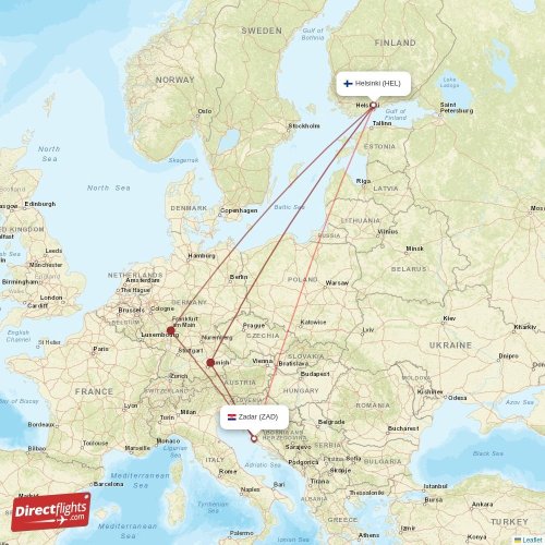 Zadar - Helsinki direct flight map