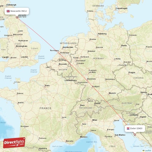 Zadar - Newcastle direct flight map