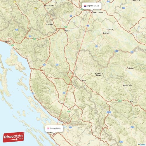 Zadar - Zagreb direct flight map