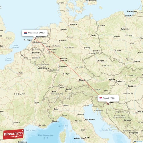 Zagreb - Amsterdam direct flight map