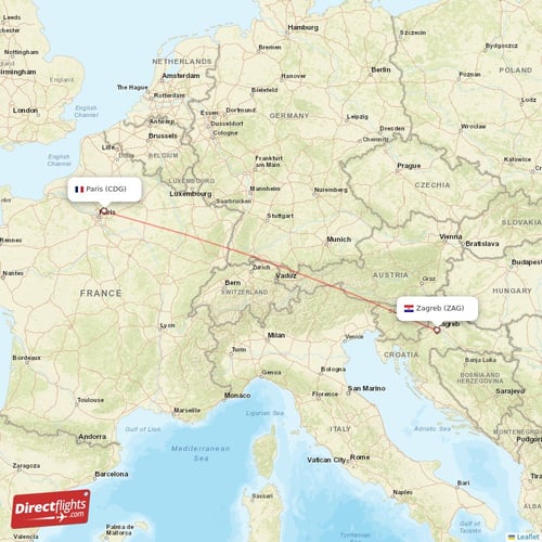 Zagreb - Paris direct flight map