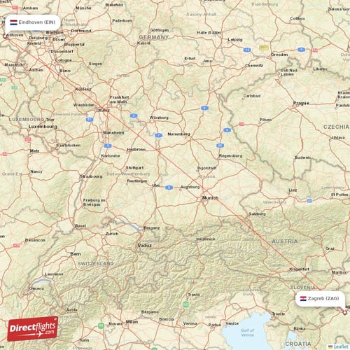 Zagreb - Eindhoven direct flight map