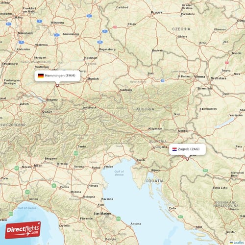 Zagreb - Memmingen direct flight map