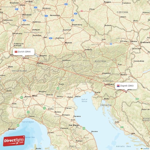 Zagreb - Zurich direct flight map