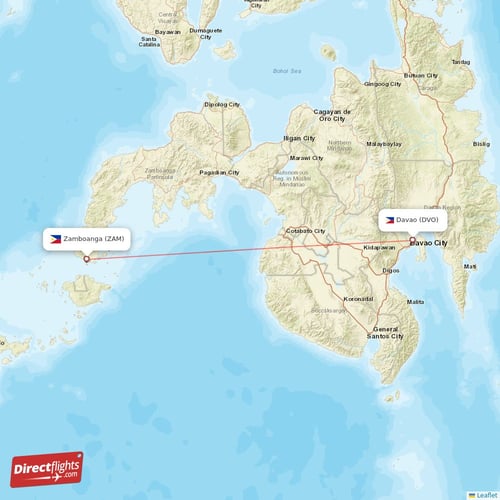 Zamboanga - Davao direct flight map