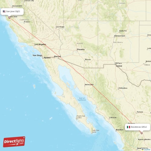 Zacatecas - San Jose direct flight map
