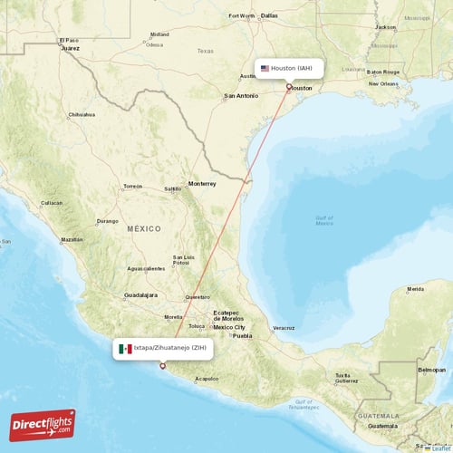 Ixtapa/Zihuatanejo - Houston direct flight map