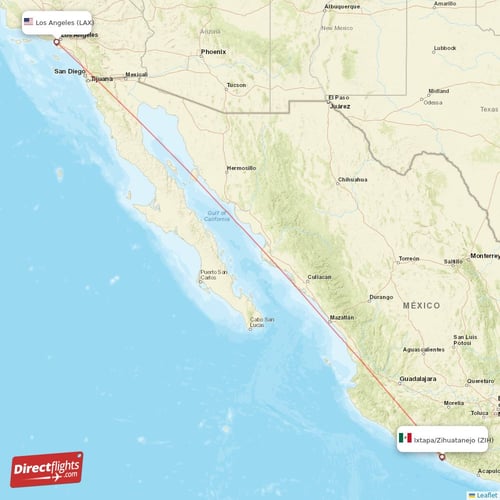 Ixtapa/Zihuatanejo - Los Angeles direct flight map