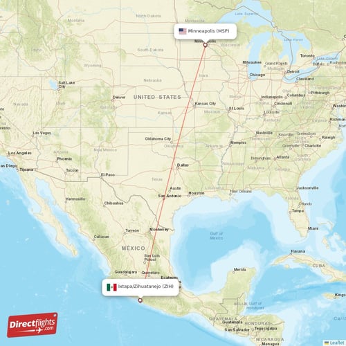 Ixtapa/Zihuatanejo - Minneapolis direct flight map