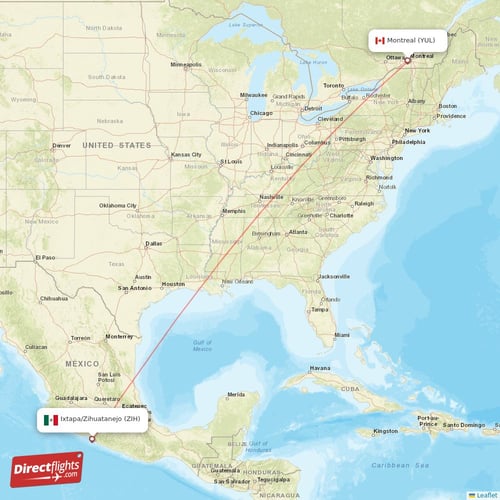 Ixtapa/Zihuatanejo - Montreal direct flight map