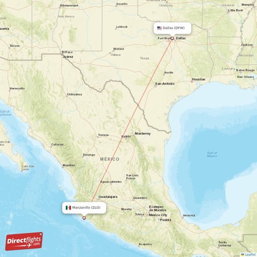 Manzanillo - Dallas direct flight map