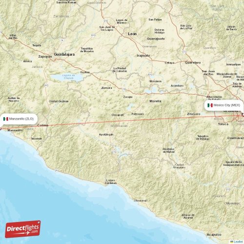 Manzanillo - Mexico City direct flight map