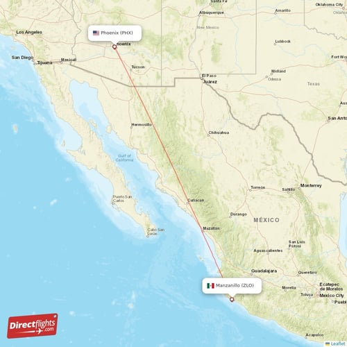 Manzanillo - Phoenix direct flight map