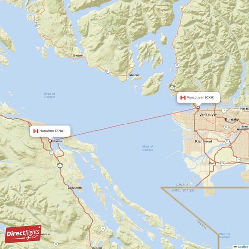 Nanaimo - Vancouver direct flight map