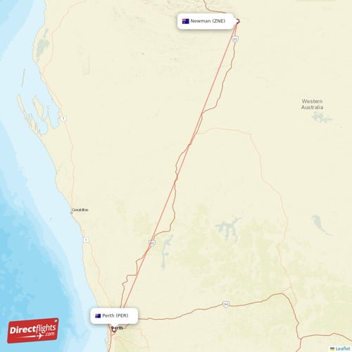 Newman - Perth direct flight map