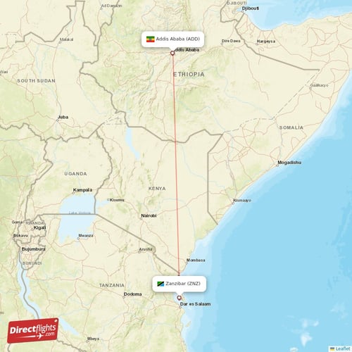 Zanzibar - Addis Ababa direct flight map