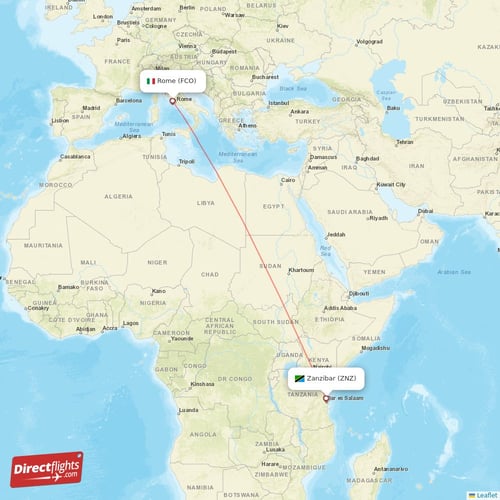 Zanzibar - Rome direct flight map