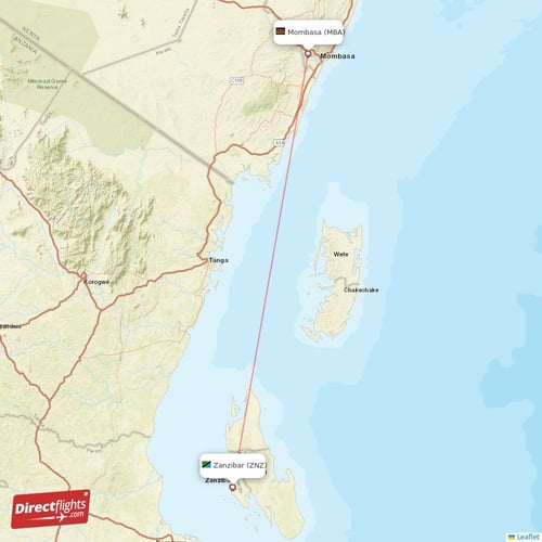 Zanzibar - Mombasa direct flight map