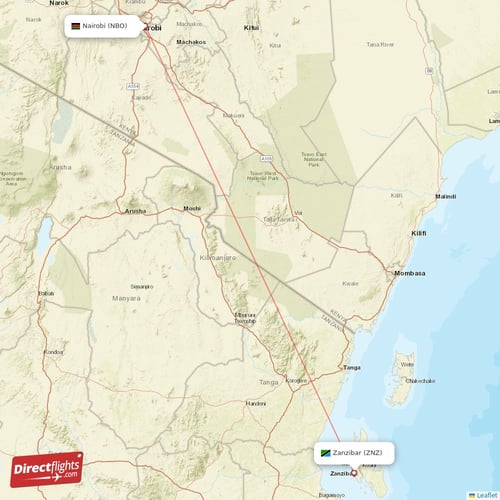 Zanzibar - Nairobi direct flight map