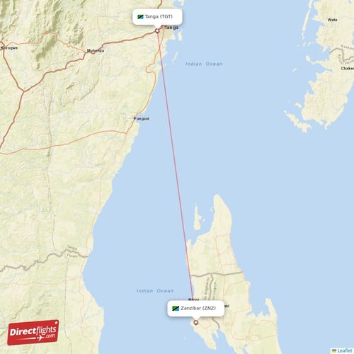 Zanzibar - Tanga direct flight map