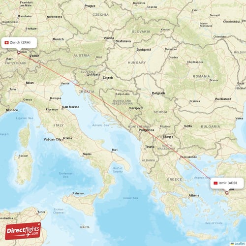 Zurich - Izmir direct flight map