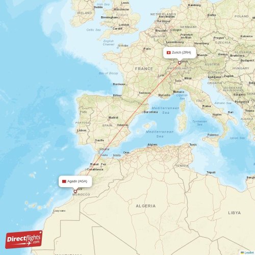 Zurich - Agadir direct flight map