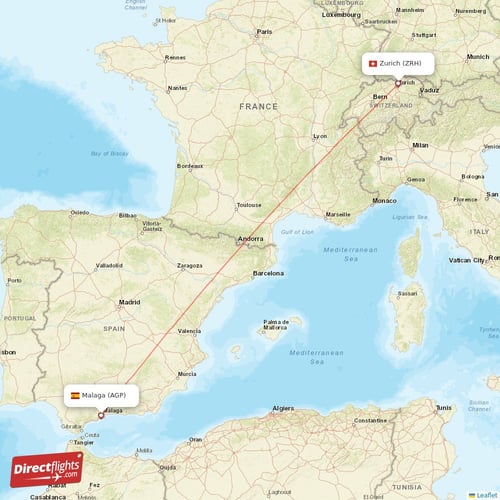 Zurich - Malaga direct flight map