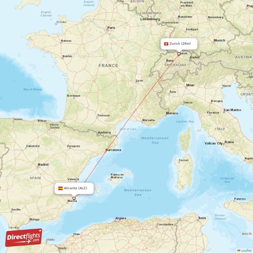 Zurich - Alicante direct flight map