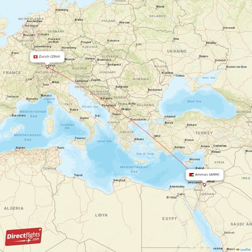 Zurich - Amman direct flight map