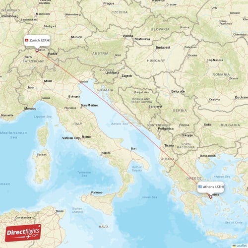 Zurich - Athens direct flight map