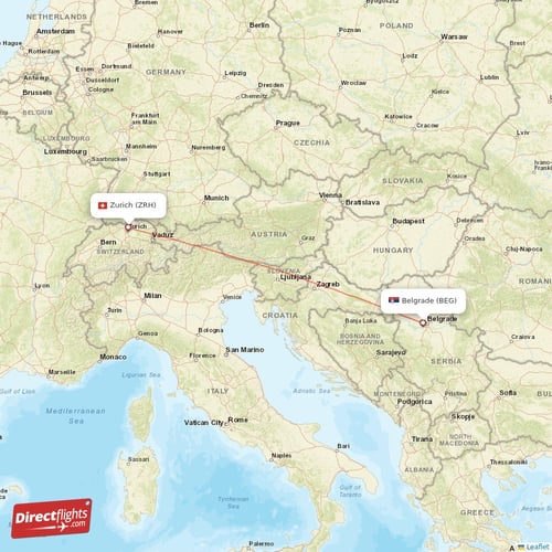 Zurich - Belgrade direct flight map
