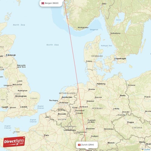 Zurich - Bergen direct flight map