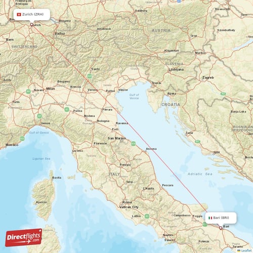 Zurich - Bari direct flight map
