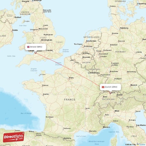 Zurich - Bristol direct flight map