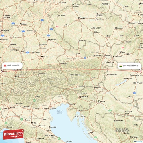 Zurich - Budapest direct flight map