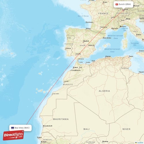 Zurich - Boa Vista direct flight map