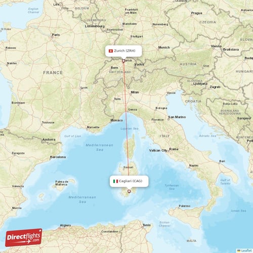 Zurich - Cagliari direct flight map