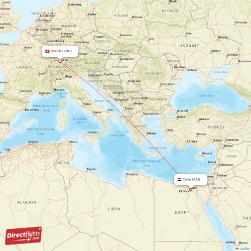Zurich - Cairo direct flight map