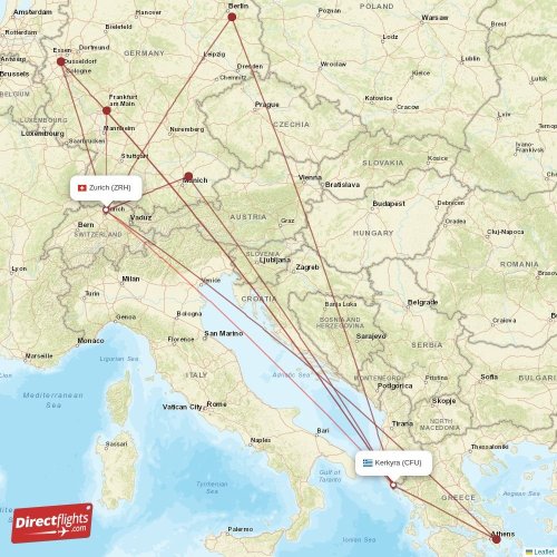 Zurich - Kerkyra direct flight map