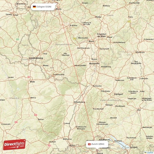 Zurich - Cologne direct flight map